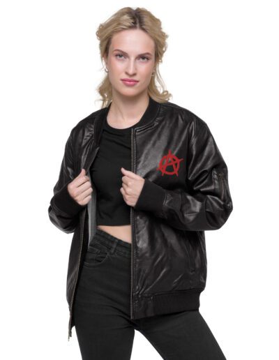 Anarchy Red Anarchist Symbol Leather Bomber Jacket