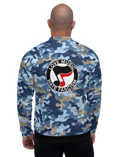 Love Music Hate Fascism Unisex Camo Bomber Jacket