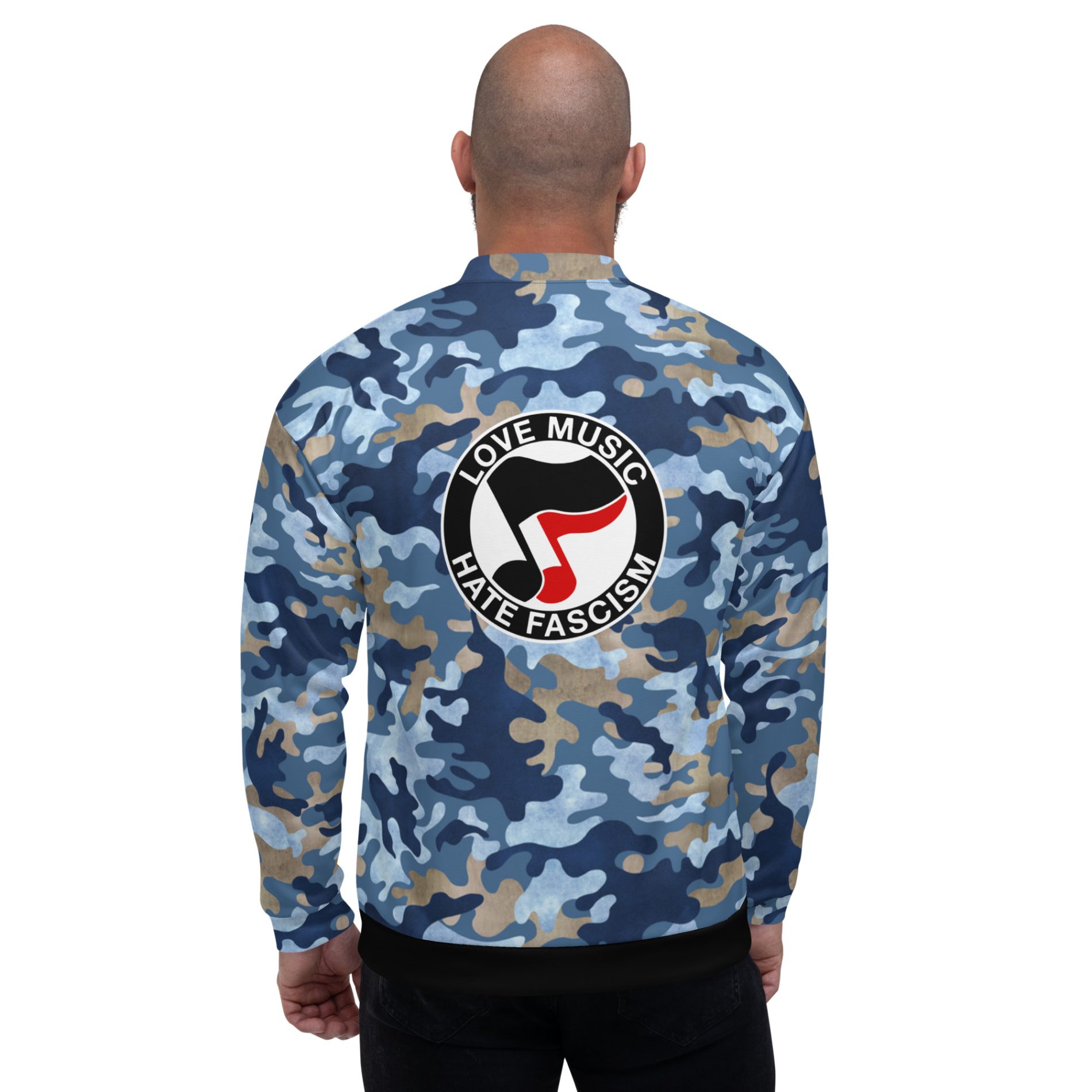 Love Music Hate Fascism Unisex Camo Bomber Jacket