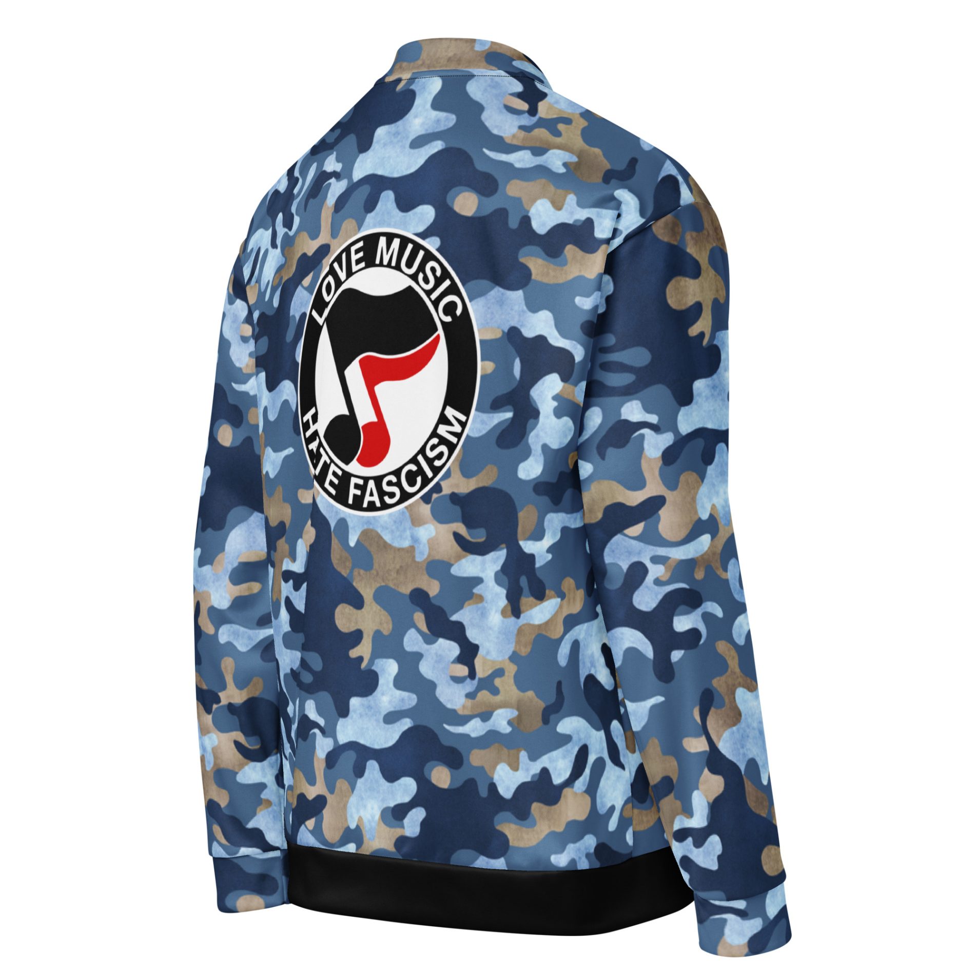 Love Music Hate Fascism Unisex Camo Bomber Jacket