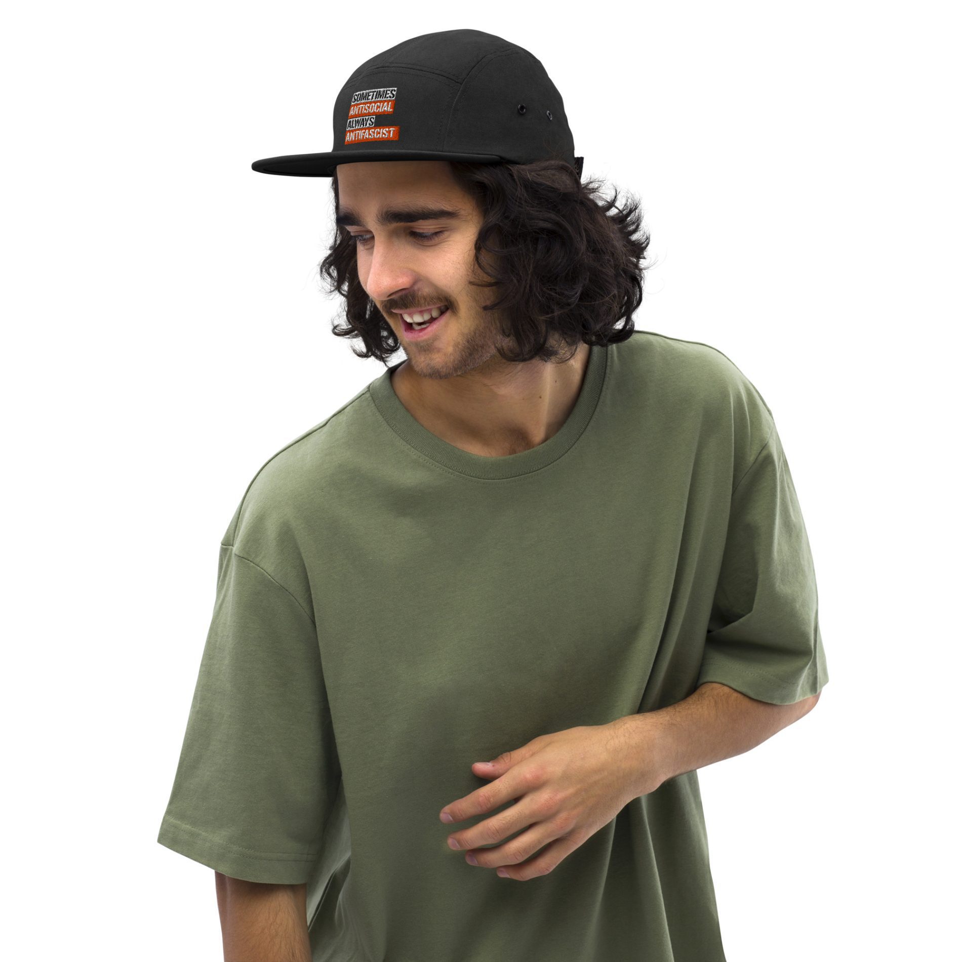 Sometimes Antisocial Always Antifascist Skate Camper 5 Panel Cap
