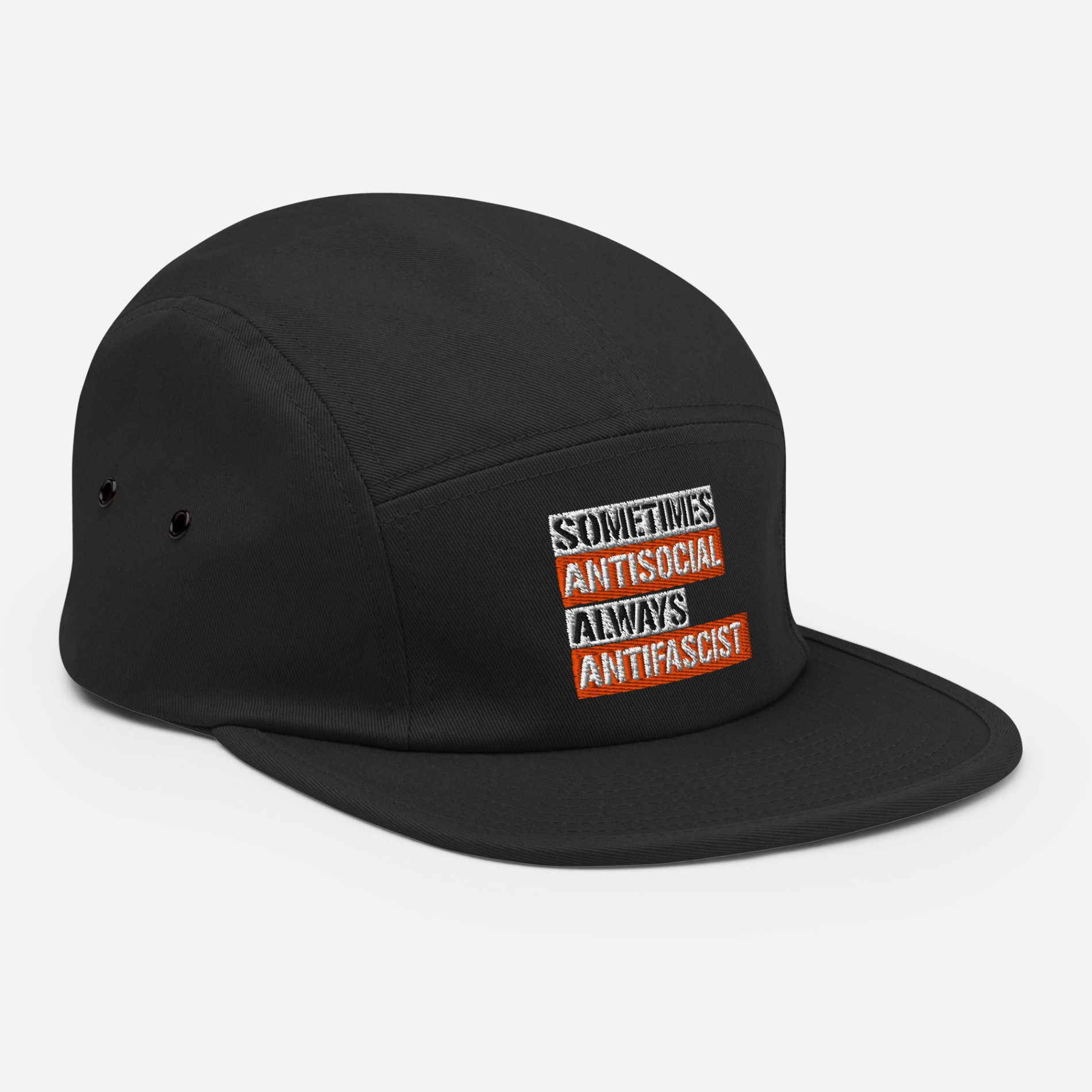 Sometimes Antisocial Always Antifascist Skate Camper 5 Panel Cap